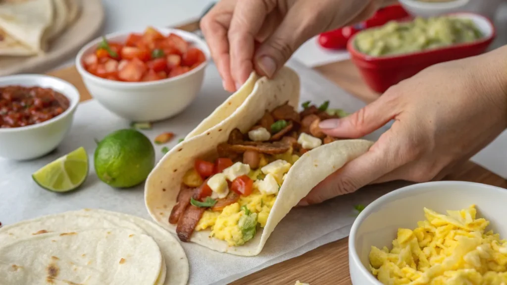 Step-by-step image of hands assembling a breakfast taco with eggs, bacon, and salsa, and a breakfast burrito with eggs, potatoes, and cheese, with additional ingredients like tomatoes and guacamole in the background.