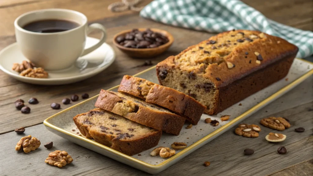 Three slices of banana bread on a plate, showing classic, chocolate chip, and nutty variations, with coffee and baking ingredients nearby.