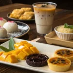 A variety of colorful Asian desserts, including mochi, mango sticky rice, egg tarts, and bubble tea, arranged on a wooden table.