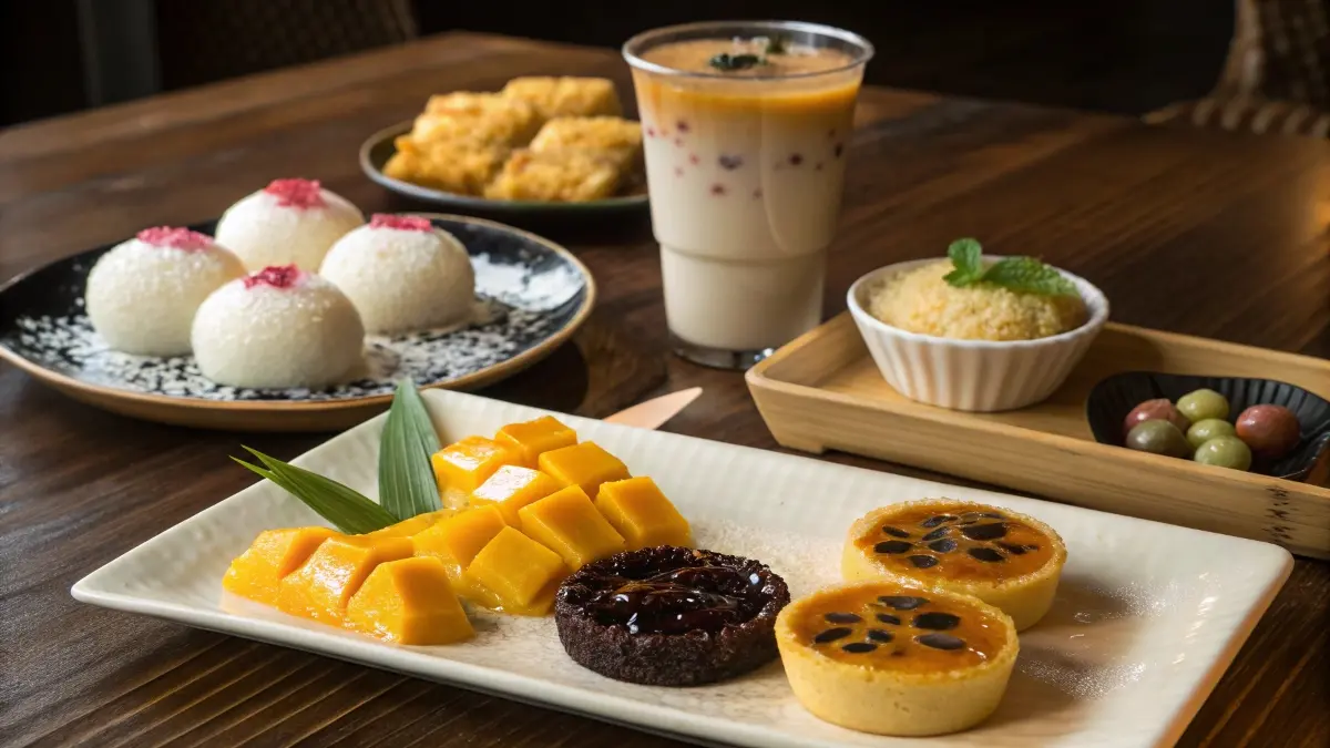 A variety of colorful Asian desserts, including mochi, mango sticky rice, egg tarts, and bubble tea, arranged on a wooden table.