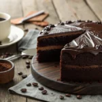 A moist chocolate cake with a glossy ganache topping, sliced on a wooden table, accompanied by a cup of coffee