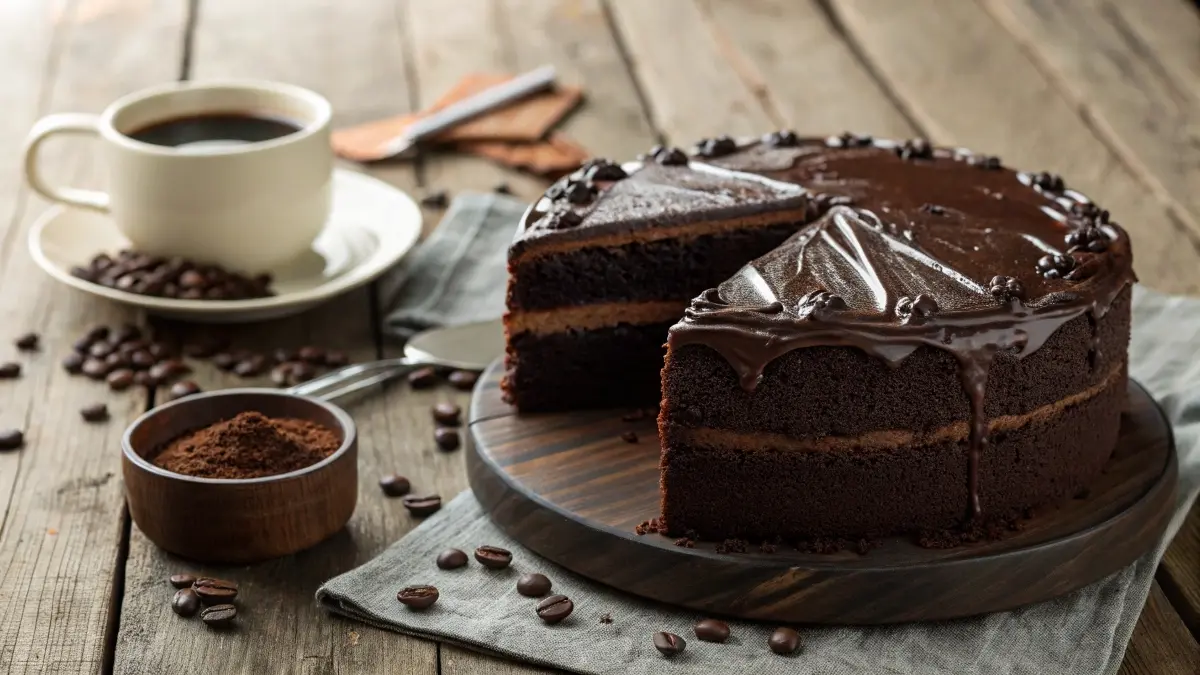 A moist chocolate cake with a glossy ganache topping, sliced on a wooden table, accompanied by a cup of coffee