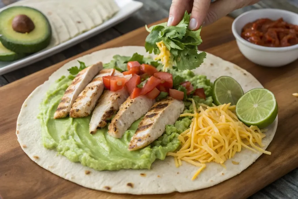 Chicken avocado wrap ingredients arranged on a tortilla, with chicken, avocado, lettuce, tomatoes, and cheese, ready to be wrapped.