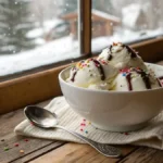 A bowl of homemade snow cream topped with sprinkles and chocolate syrup, placed on a rustic wooden table near a snowy window