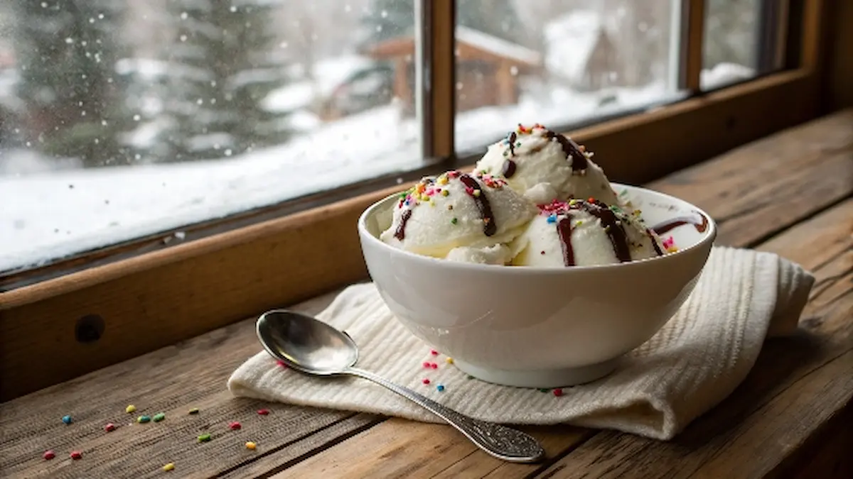 A bowl of homemade snow cream topped with sprinkles and chocolate syrup, placed on a rustic wooden table near a snowy window