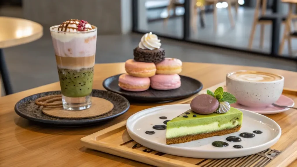 A modern café table featuring matcha cheesecake, mochi donuts, bubble tea, and Thai tea crepe cake, showcasing creative fusion Asian desserts.