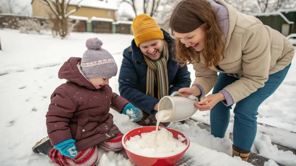 A family making homemade snow cream together, with a child scooping fresh snow into a bowl and a parent adding ingredients.