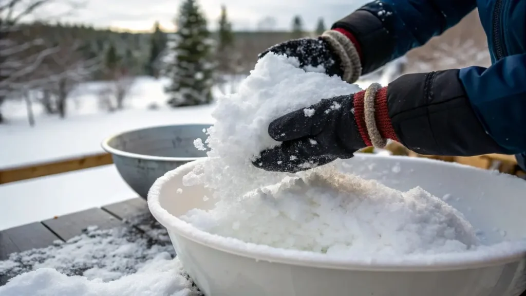 A person wearing gloves scooping fresh, clean snow into a mixing bowl for making snow cream.