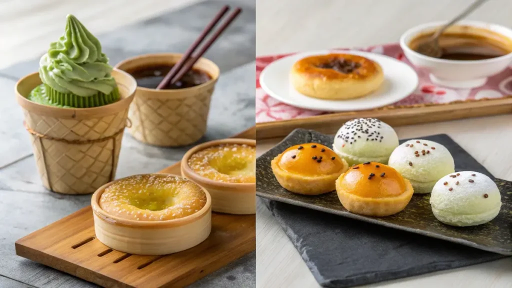 A visual comparison of traditional Asian desserts like mochi and egg tarts alongside modern fusion treats like mochi donuts and matcha tiramisu.