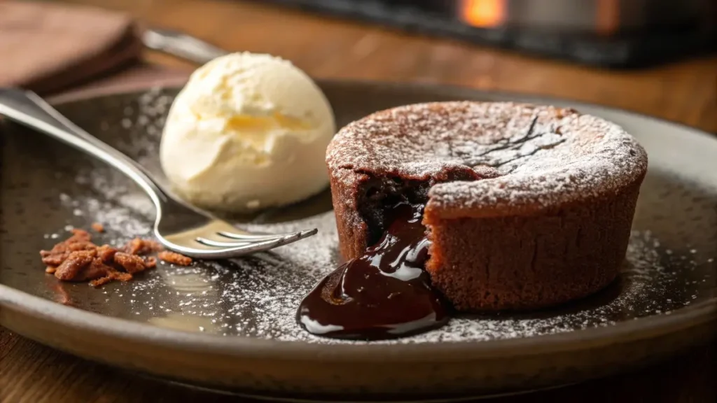 A molten lava cake with warm chocolate oozing out, served with vanilla ice cream on a dark ceramic plate.