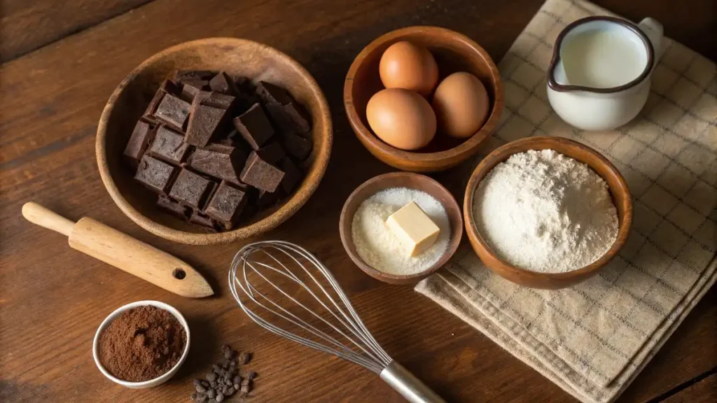 Top-down view of chocolate cake ingredients, including cocoa powder, flour, eggs, butter, sugar, and dark chocolate, arranged on a rustic countertop.