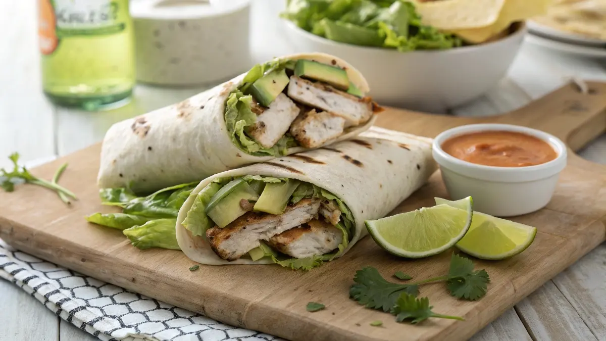 Chicken avocado wrap cut in half, showing grilled chicken, avocado, lettuce, and tomato inside a tortilla, served on a wooden board with a side of dipping sauce.