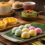 An assortment of traditional and modern Asian desserts, including mochi, mango sticky rice, egg tarts, matcha cheesecake, and bubble tea.