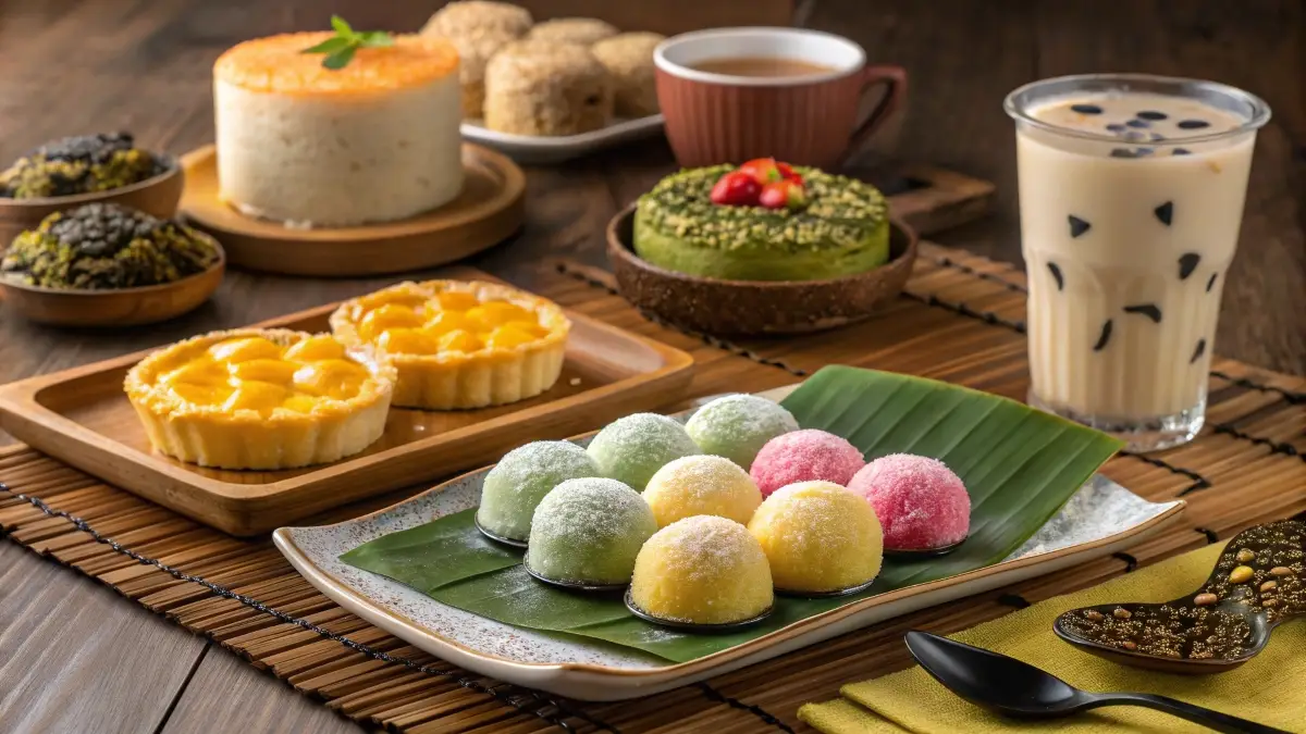 An assortment of traditional and modern Asian desserts, including mochi, mango sticky rice, egg tarts, matcha cheesecake, and bubble tea.