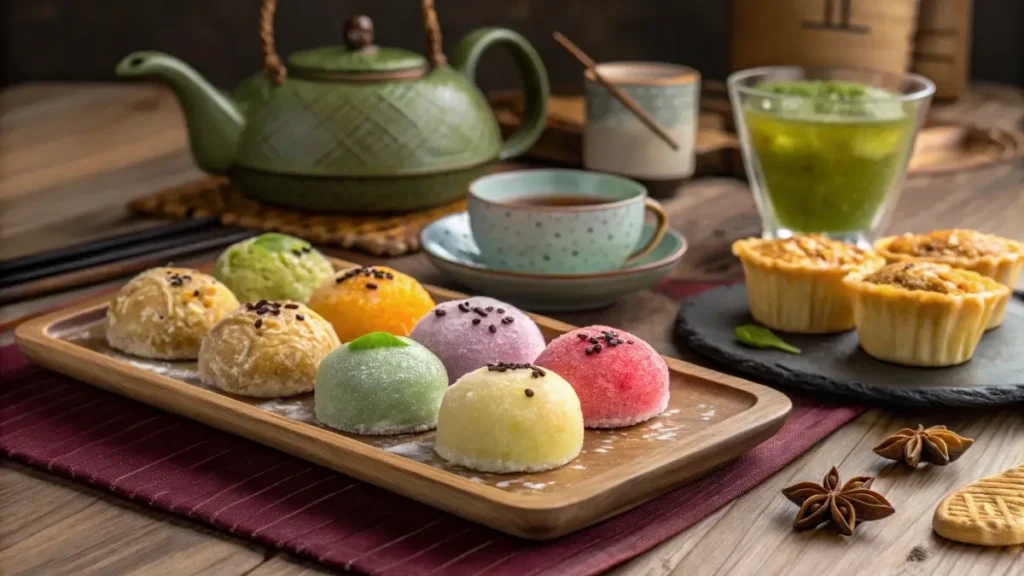 A variety of traditional Asian desserts, including mochi, egg tarts, sesame balls, and patbingsu, served with green tea on a wooden table.