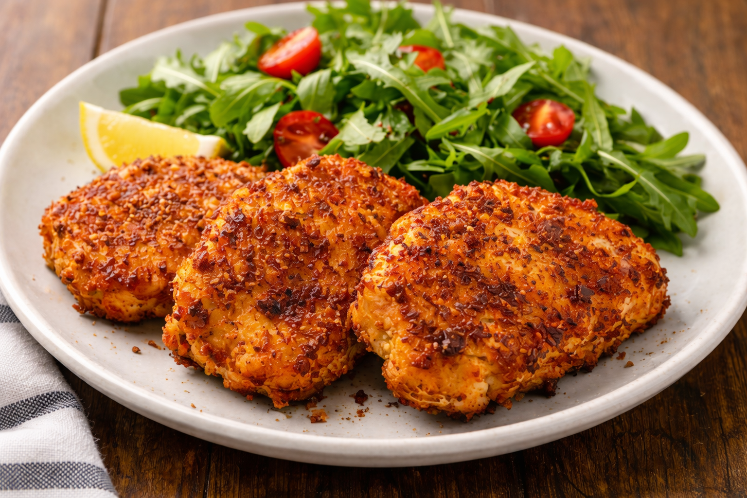 Coating pork chops in beaten egg and crushed garlic cheese croutons for breading before air frying