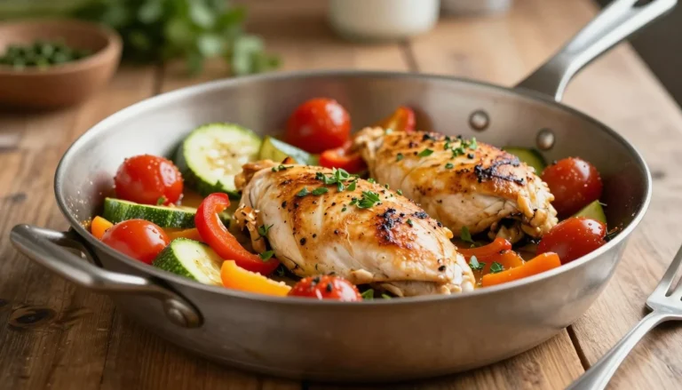 Best one pan low carb chicken recipe cooked with zucchini, bell peppers, and cherry tomatoes in a skillet