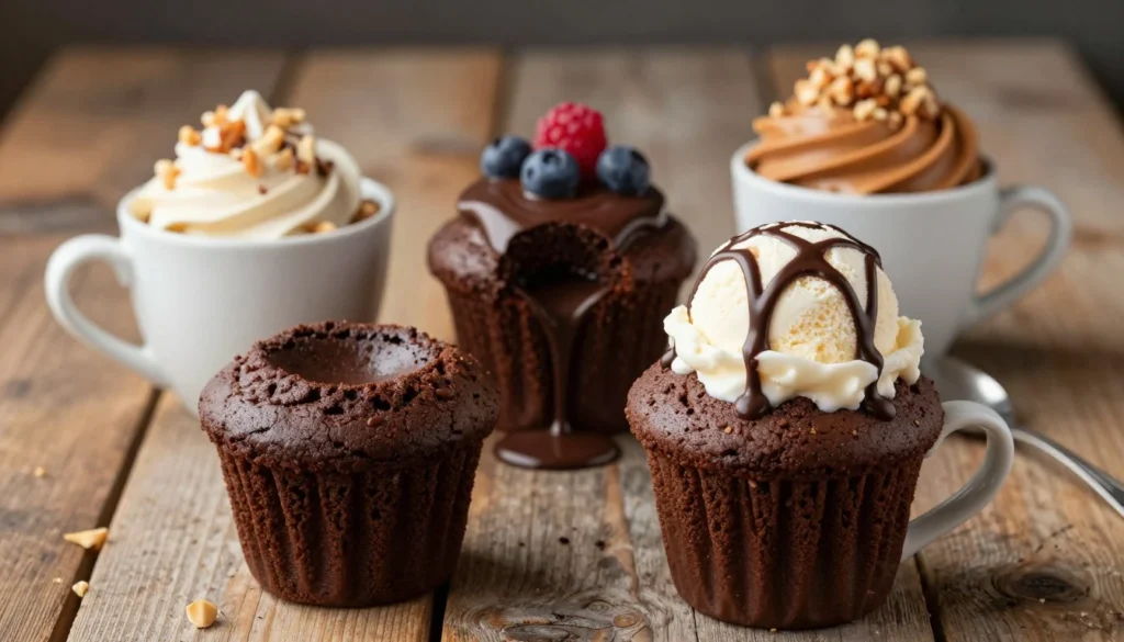 Chocolate mug cake variations topped with ice cream, chocolate drizzle, berries, and whipped cream on a wooden table