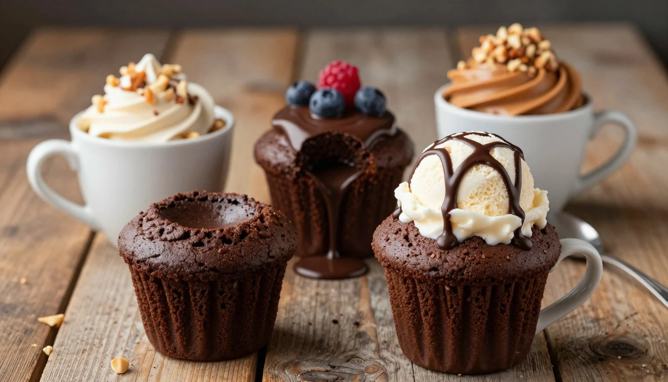 Chocolate mug cake variations topped with ice cream, chocolate drizzle, berries, and whipped cream on a wooden table