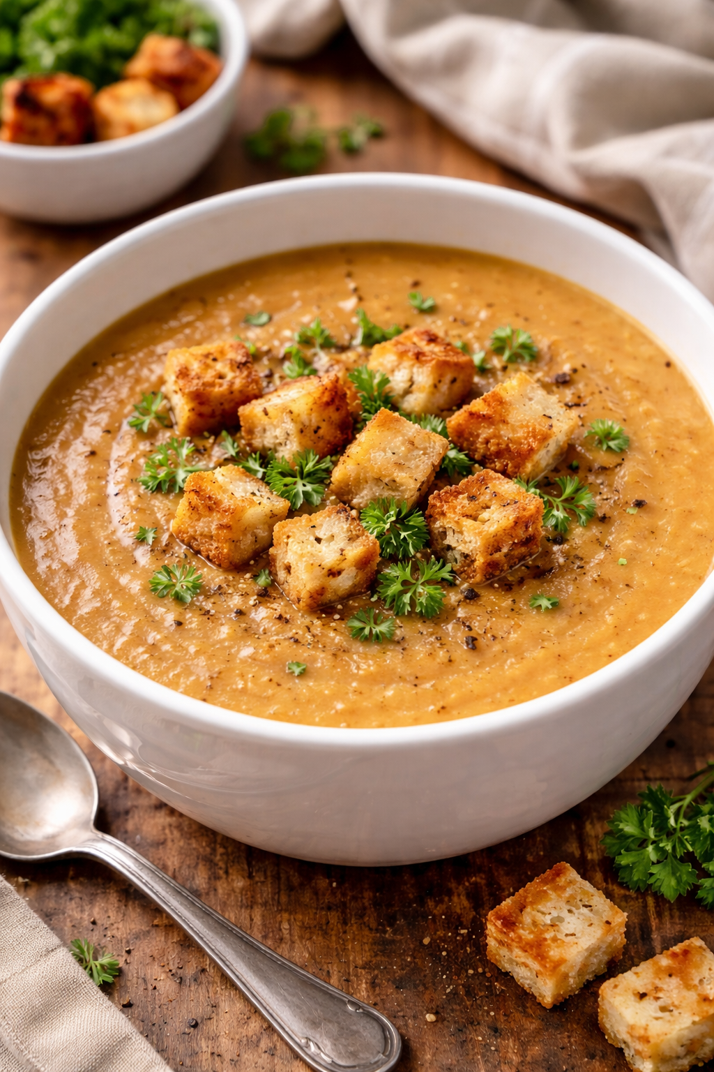Classic lentil cream soup served with crispy bread croutons