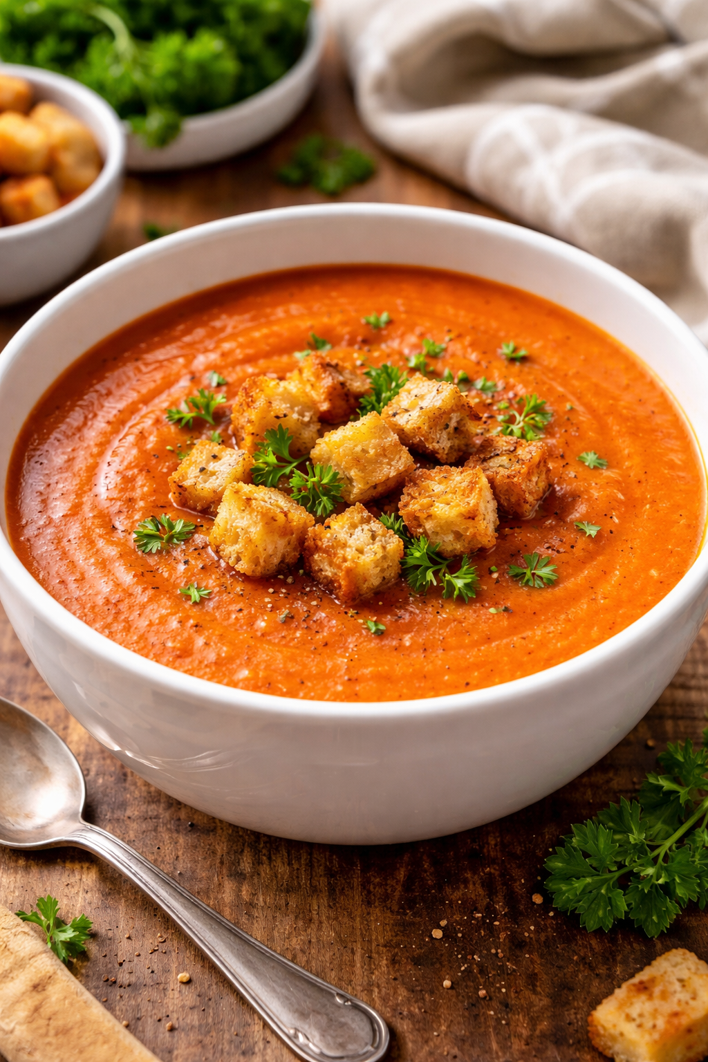 Classic tomato cream soup served with crispy bread croutons