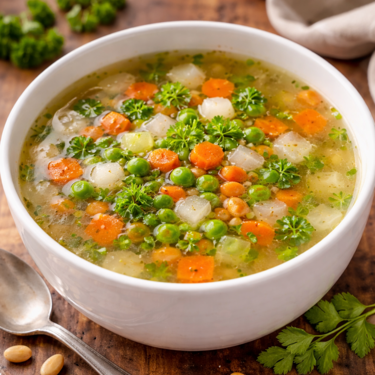Classic vegetable clear soup with carrots, turnips, and peas