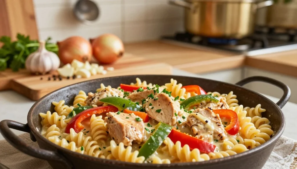 Creamy one pot Cajun chicken pasta with bell peppers and Parmesan cream sauce cooked in a skillet