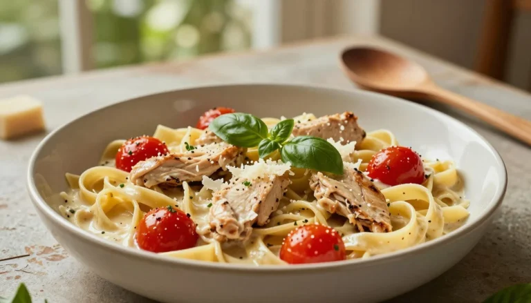 Creamy Tuscan chicken pasta with fettuccine, cherry tomatoes, grilled chicken and fresh basil