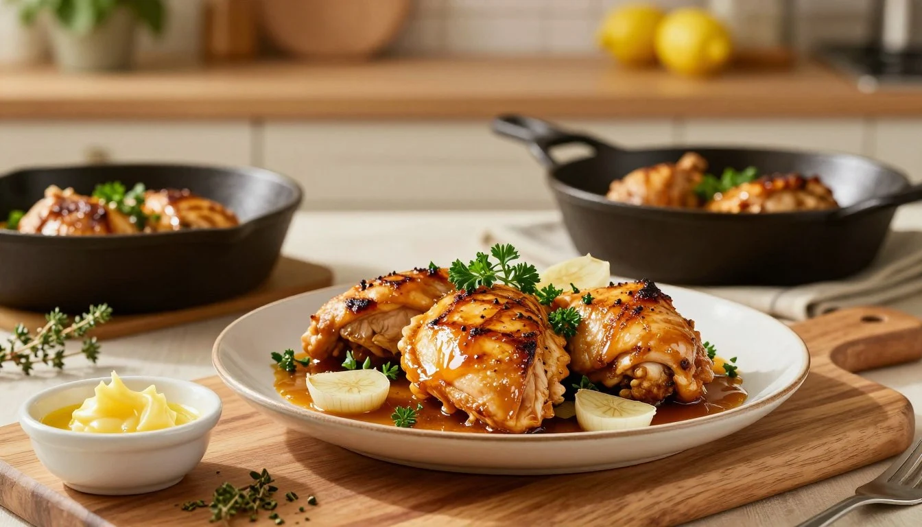 Garlic butter chicken thighs cooking in a skillet with fresh herbs and lemon slices