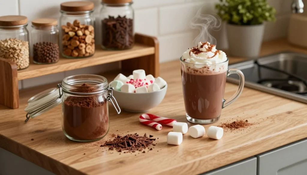 Homemade Hot Chocolate Mix: Quick 5-Minute Pantry Blend Homemade hot chocolate mix in a glass jar next to a prepared mug of cocoa