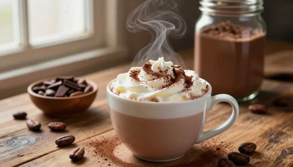Homemade hot chocolate mix in a white mug topped with whipped cream and cocoa powder