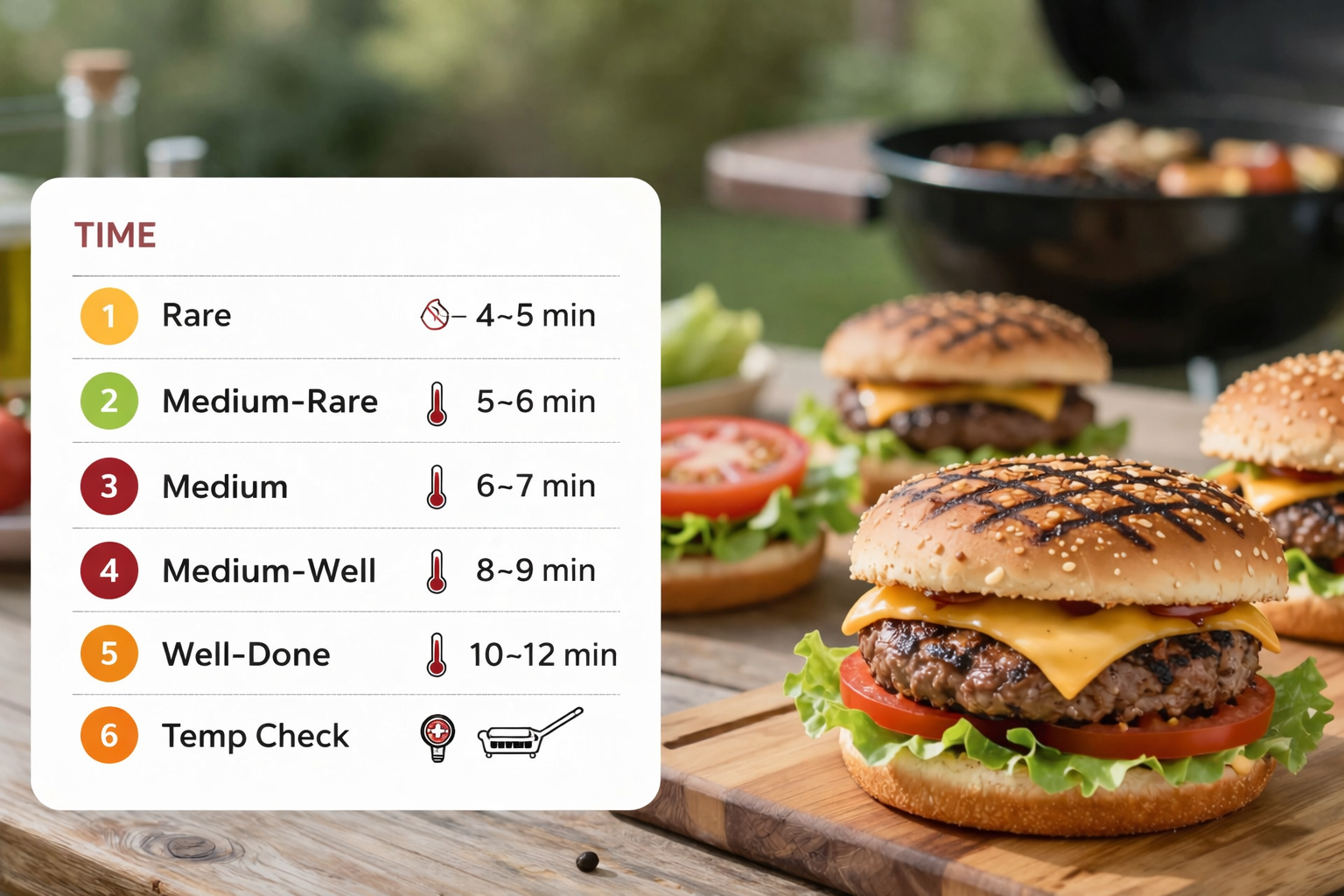How long to grill burgers timing chart showing exact minutes and temperature for rare, medium, and well-done