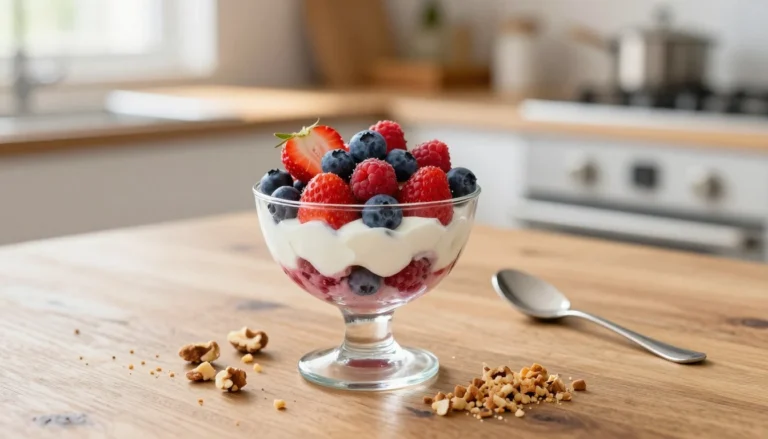 Low carb berry parfait with cream and fresh strawberries, blueberries and raspberries