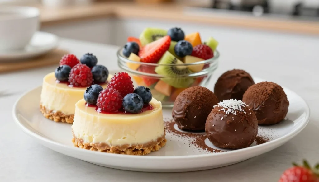 Easy Low Carb Dessert Recipe – A Sugar-Free Treat in Just 15 Minutes Low carb cheesecake dessert plate with berries and chocolate truffles