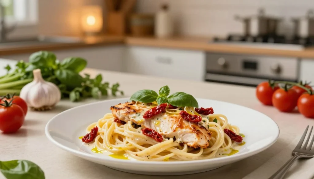 Marry Me Chicken Pasta topped with grilled chicken, sun-dried tomatoes, and fresh basil on a white plate