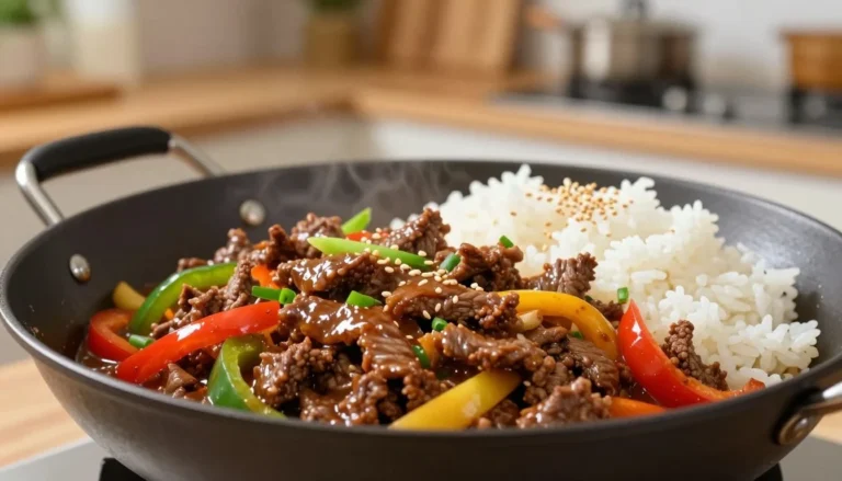 Mongolian ground beef recipe cooked in a wok with bell peppers and served with white rice