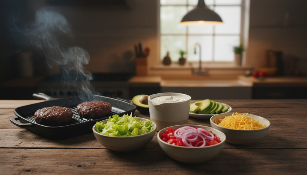 Perfect Burger Bowl Recipe (Healthy & Ready in 25 Minutes) Ingredients for a perfect burger bowl including grilled beef patties, lettuce, avocado slices, shredded cheddar cheese, red onion, tomatoes, and creamy sauce