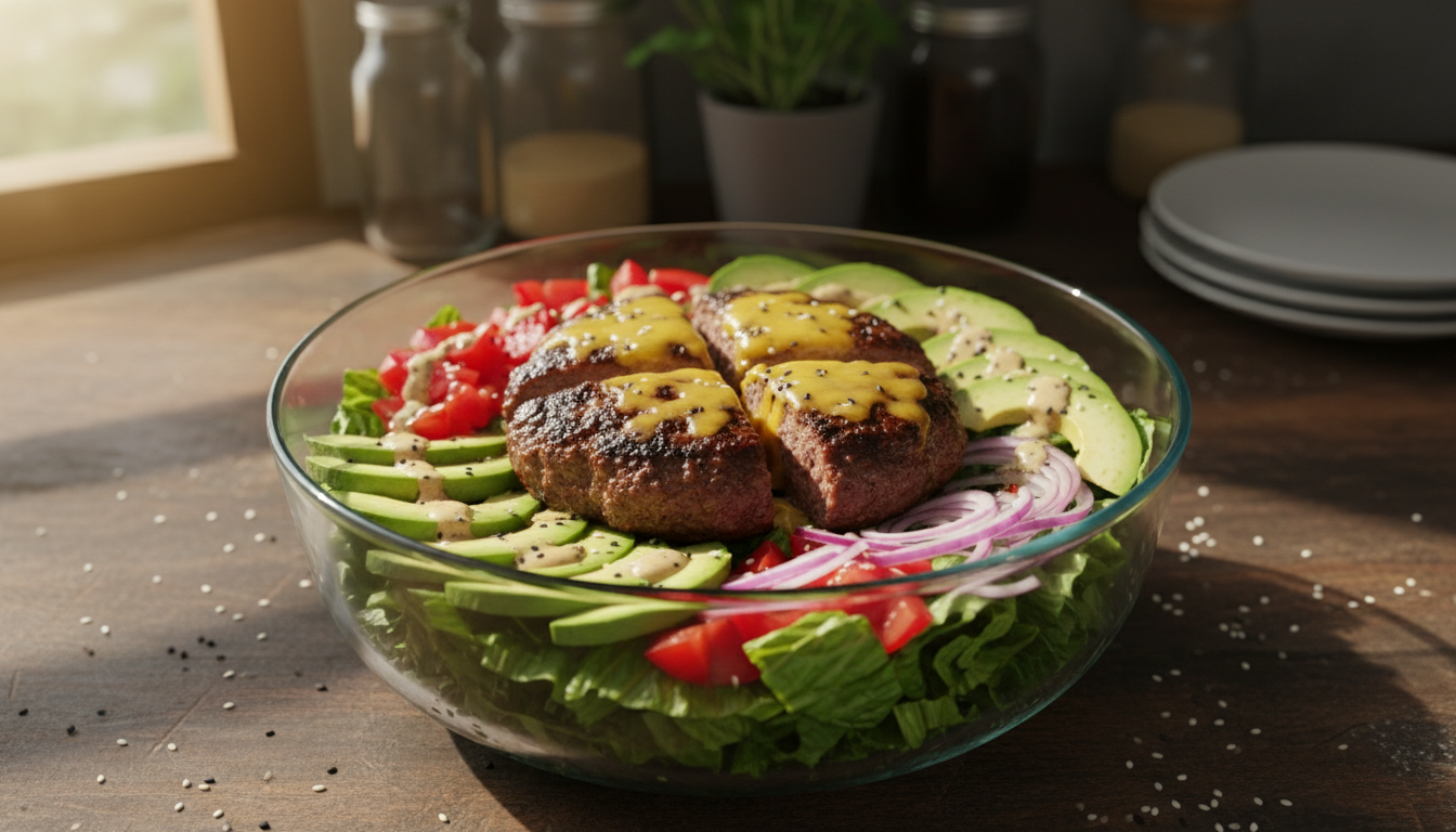 Perfect burger bowl with juicy beef patties, melted cheddar cheese, avocado slices, tomatoes, and fresh greens in a glass bowl