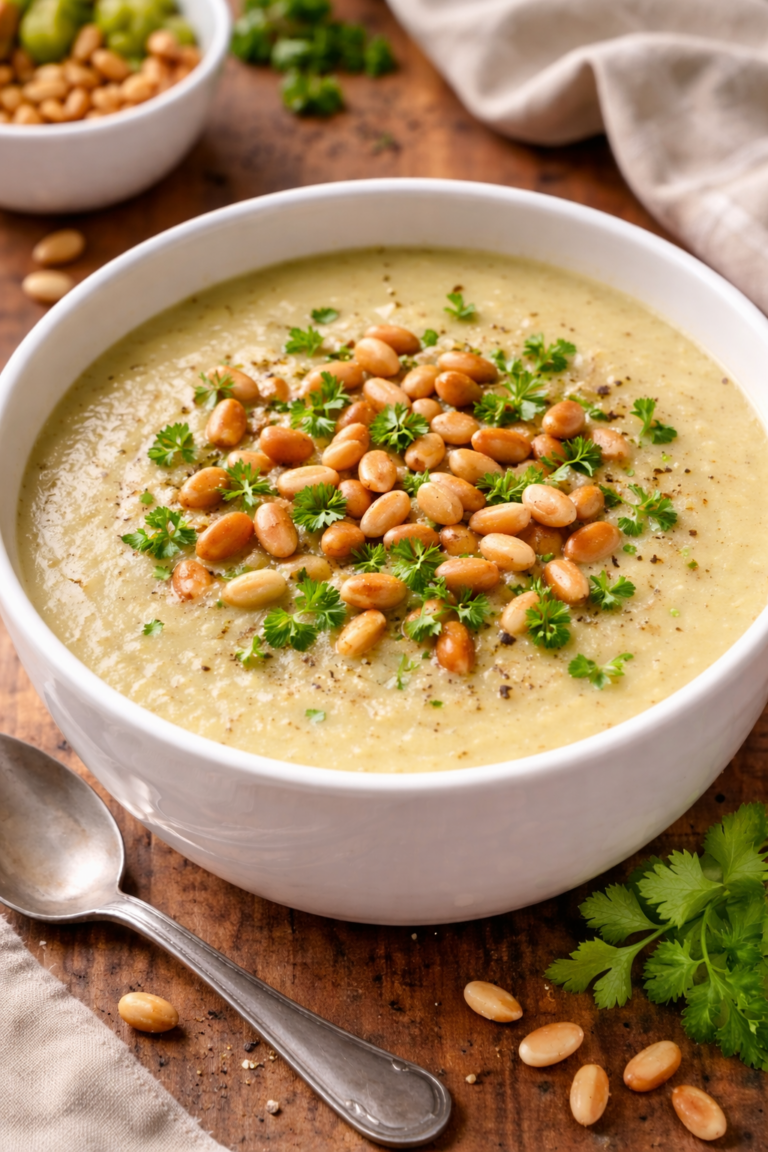 Pinenut and celery cream soup topped with roasted pine kernels