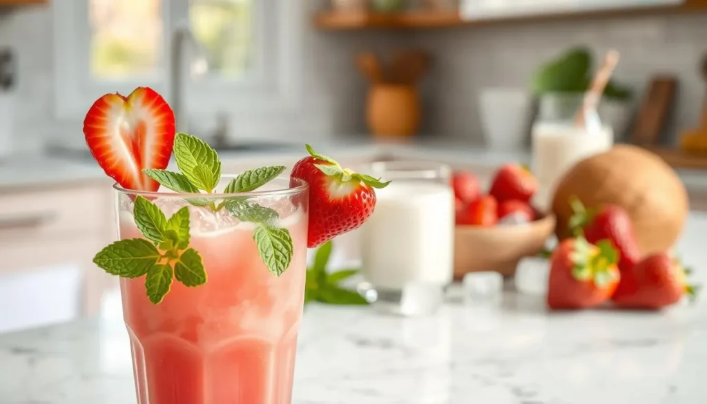 Easy pink drink recipe made with strawberries and coconut milk, creamy homemade drink served over ice