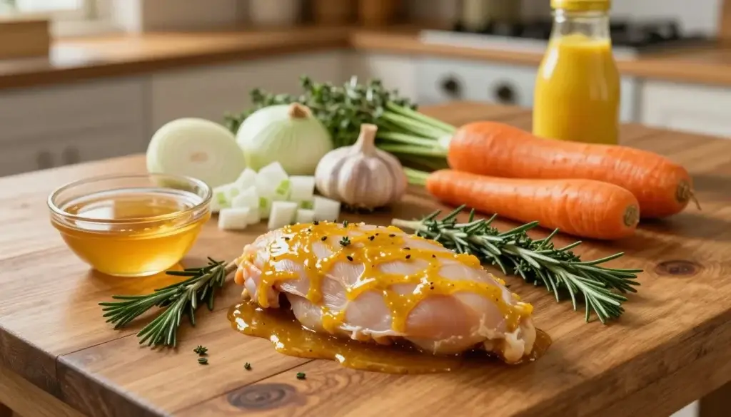 Ingredients for Slow Cooker Honey Mustard Chicken arranged before cooking