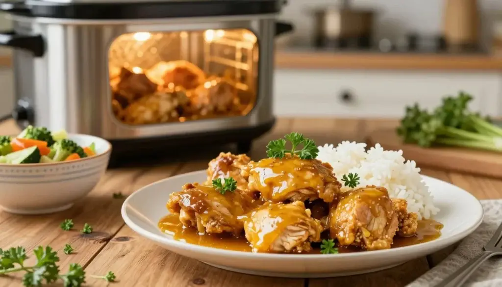 Honey mustard chicken served over rice with sauce on top