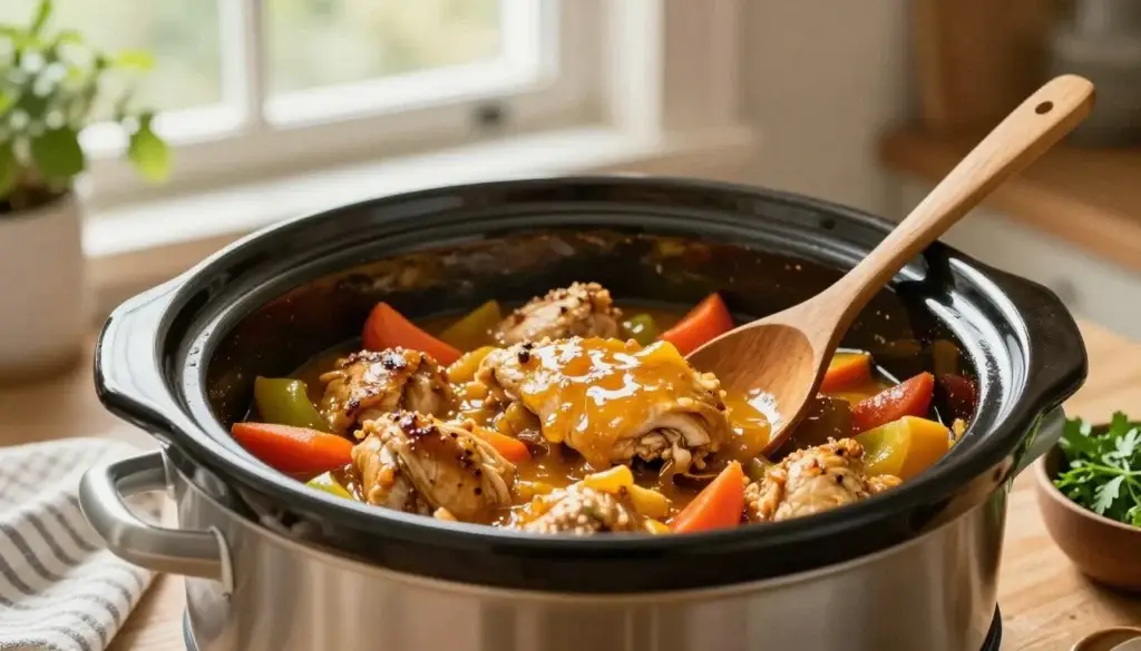 Slow Cooker Honey Mustard Chicken with vegetables in a crockpot