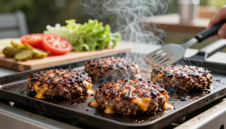 Smash Burger Recipe Blackstone patties with melted cheese cooking on hot griddle with visible steam