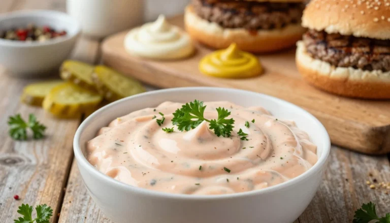 Creamy smash burger sauce recipe in a white bowl served with burgers and pickles