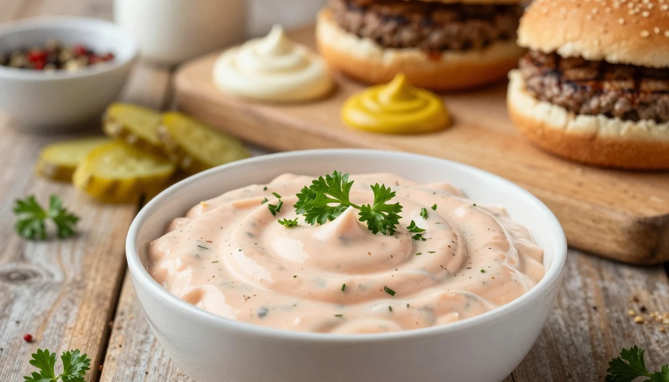 Creamy smash burger sauce recipe in a white bowl served with burgers and pickles