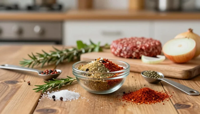 Smash Burger Seasoning Recipe homemade spice blend with salt, paprika, garlic powder, and black pepper on wooden table