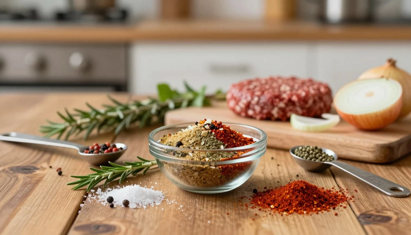 Smash Burger Seasoning Recipe homemade spice blend with salt, paprika, garlic powder, and black pepper on wooden table