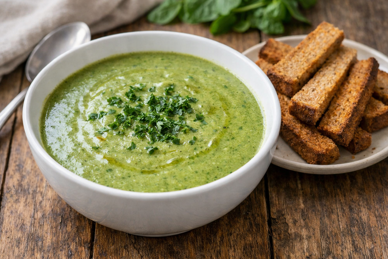 Creamy sorrel and spinach soup served with brown toast fingers