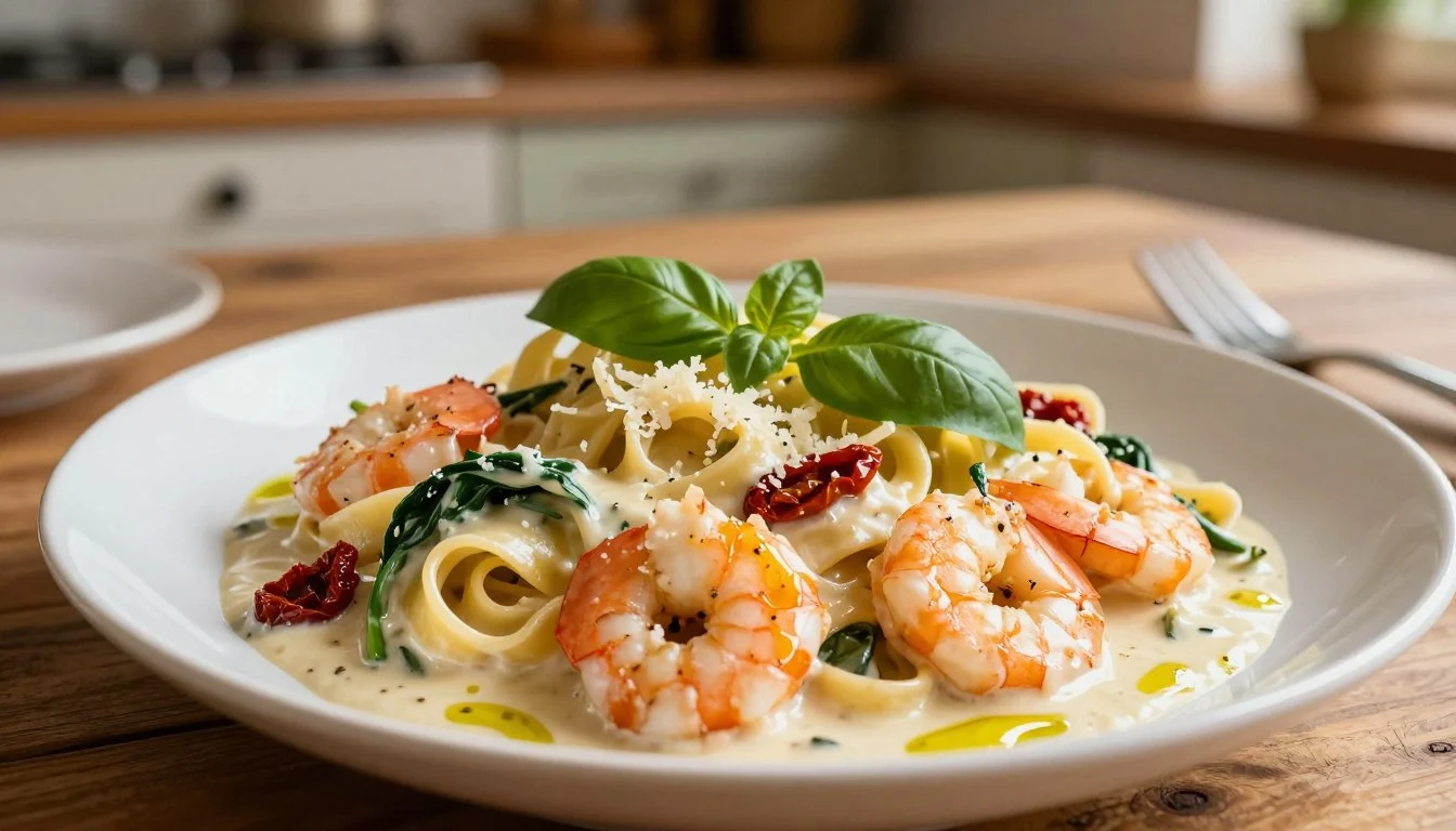 Creamy Tuscan shrimp pasta with garlic sauce, sun-dried tomatoes, spinach, and parmesan cheese